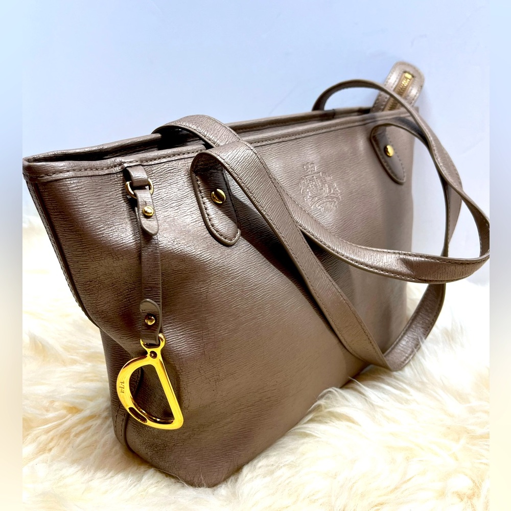 Ralph Lauren Newbury Saffiano Leather Tote Champagne Color Metallic Leather